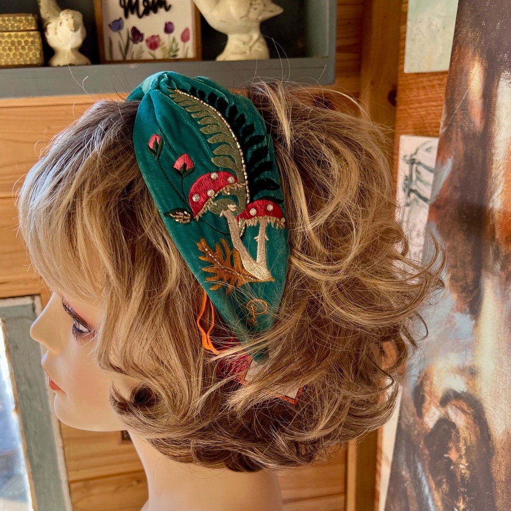 Embroidered Toadstool Velvet Headband - Picture 6 of 9